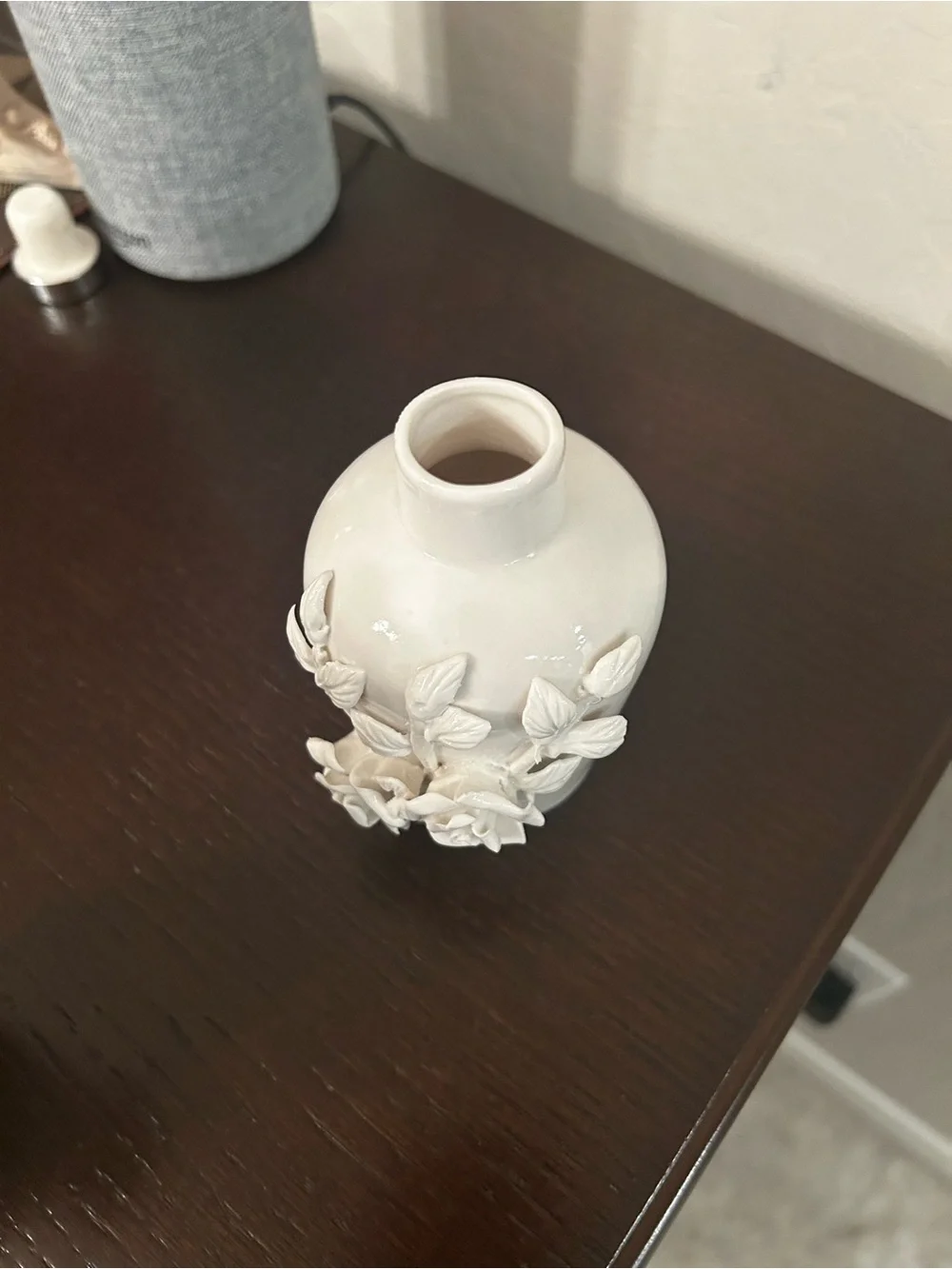 White Ceramic Vase with Raised Rose Applique — Decorative Accent